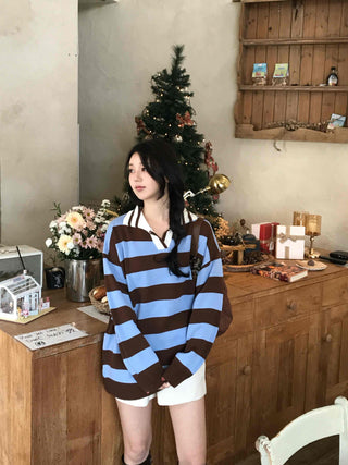 Retro Striped Collared Oversized Knit