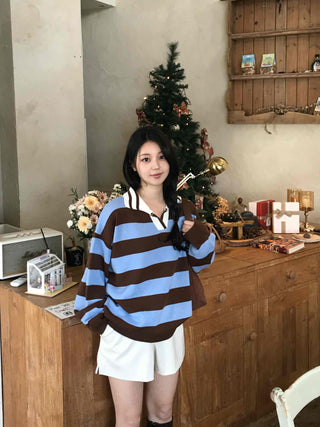 Retro Striped Collared Oversized Knit