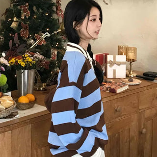 Retro Striped Collared Oversized Knit