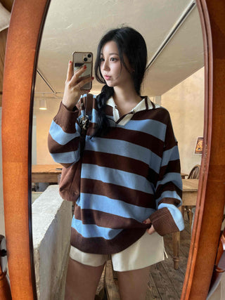 Retro Striped Collared Oversized Knit