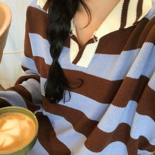 Retro Striped Collared Oversized Knit