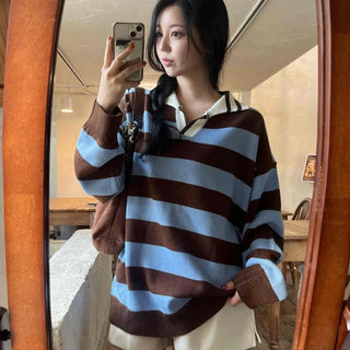 Retro Striped Collared Oversized Knit