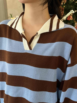 Retro Striped Collared Oversized Knit