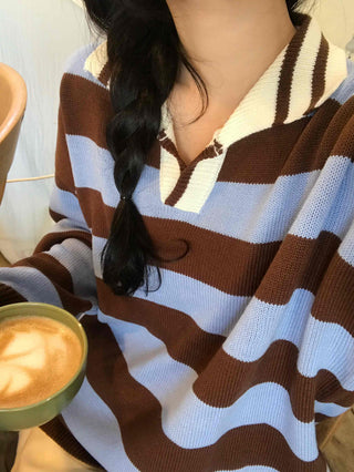 Retro Striped Collared Oversized Knit