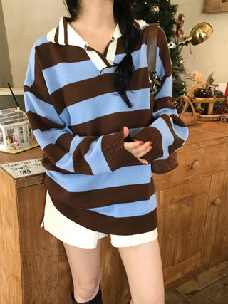 Retro Striped Collared Oversized Knit