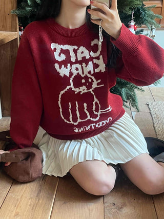 Hebrew Lettering Cat Jacquard Loose Fit Knit