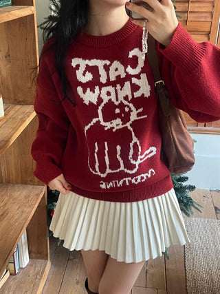 Hebrew Lettering Cat Jacquard Loose Fit Knit