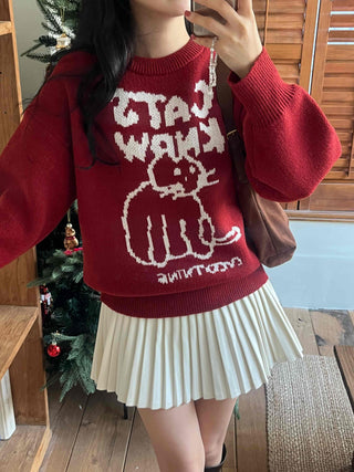 Hebrew Lettering Cat Jacquard Loose Fit Knit