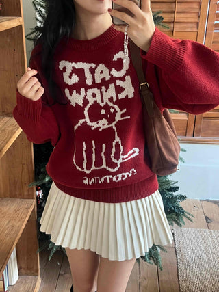 Hebrew Lettering Cat Jacquard Loose Fit Knit