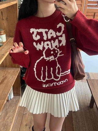 Hebrew Lettering Cat Jacquard Loose Fit Knit