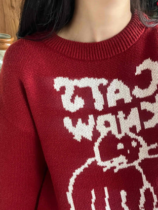 Hebrew Lettering Cat Jacquard Loose Fit Knit