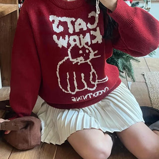 Hebrew Lettering Cat Jacquard Loose Fit Knit