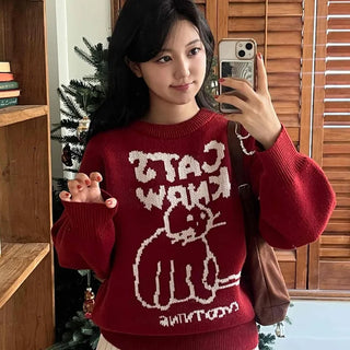 Hebrew Lettering Cat Jacquard Loose Fit Knit