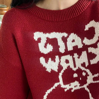 Hebrew Lettering Cat Jacquard Loose Fit Knit