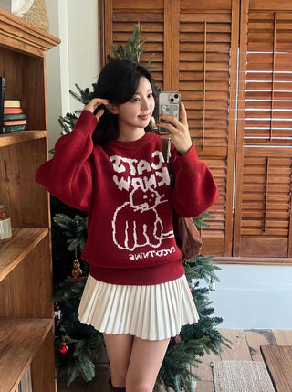 Hebrew Lettering Cat Jacquard Loose Fit Knit