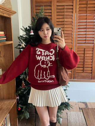 Hebrew Lettering Cat Jacquard Loose Fit Knit