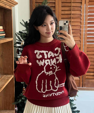 Hebrew Lettering Cat Jacquard Loose Fit Knit