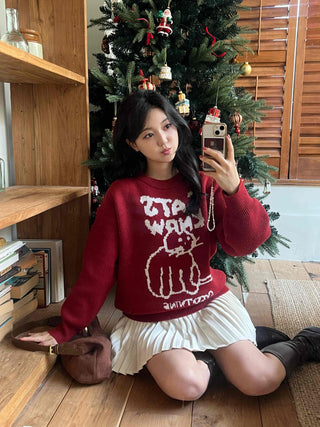 Hebrew Lettering Cat Jacquard Loose Fit Knit