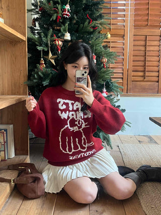 Hebrew Lettering Cat Jacquard Loose Fit Knit