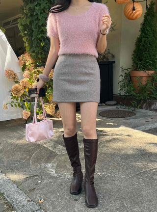 Pom-pom Mohair Button H-Line Mini Skirt