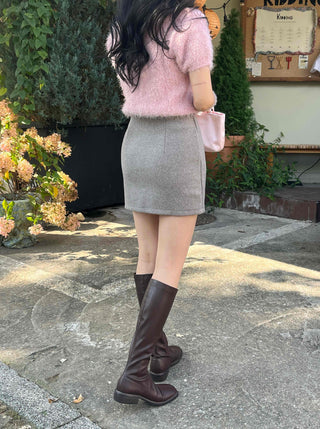 Pom-pom Mohair Button H-Line Mini Skirt