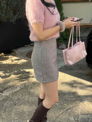 Pom-pom Mohair Button H-Line Mini Skirt