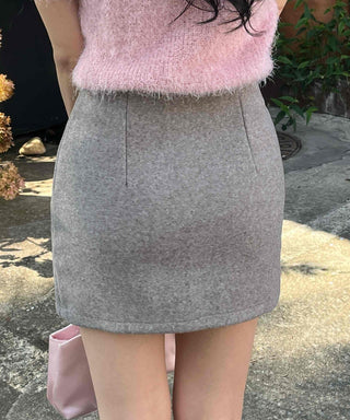 Pom-pom Mohair Button H-Line Mini Skirt