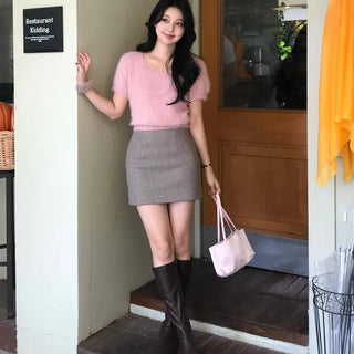 Pom-pom Mohair Button H-Line Mini Skirt