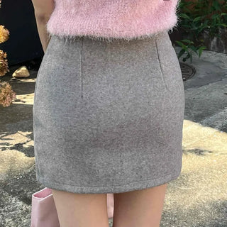 Pom-pom Mohair Button H-Line Mini Skirt