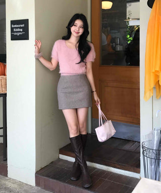 Pom-pom Mohair Button H-Line Mini Skirt