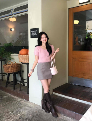 Pom-pom Mohair Button H-Line Mini Skirt