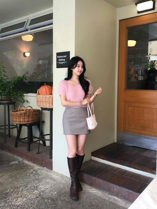 Pom-pom Mohair Button H-Line Mini Skirt