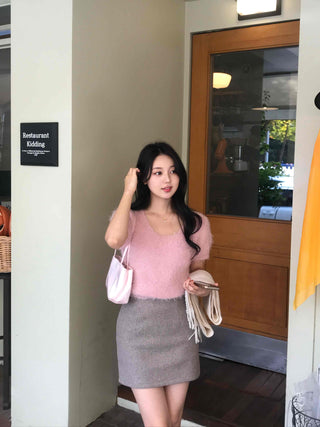 Pom-pom Mohair Button H-Line Mini Skirt