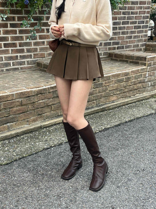 Vintage Leather Belt Cutout Pleated Skirt