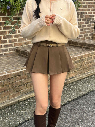 Vintage Leather Belt Cutout Pleated Skirt