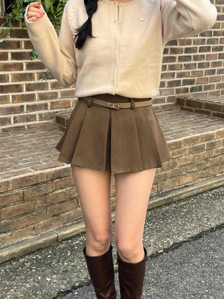 Vintage Leather Belt Cutout Pleated Skirt