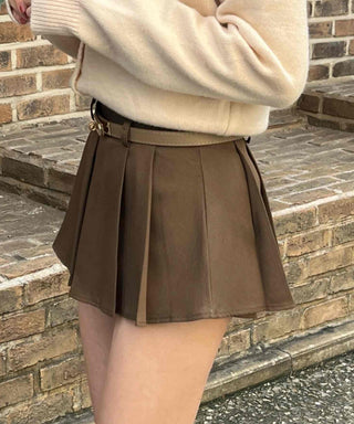 Vintage Leather Belt Cutout Pleated Skirt