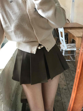 Vintage Leather Belt Cutout Pleated Skirt