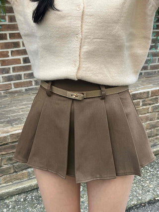 Vintage Leather Belt Cutout Pleated Skirt