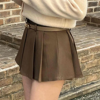 Vintage Leather Belt Cutout Pleated Skirt