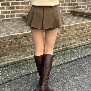 Vintage Leather Belt Cutout Pleated Skirt