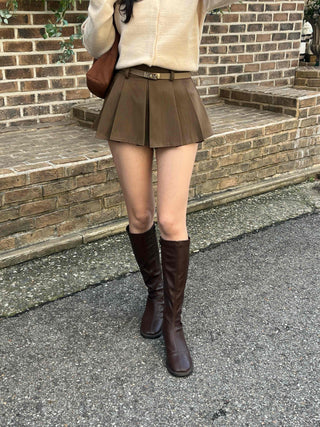 Vintage Leather Belt Cutout Pleated Skirt