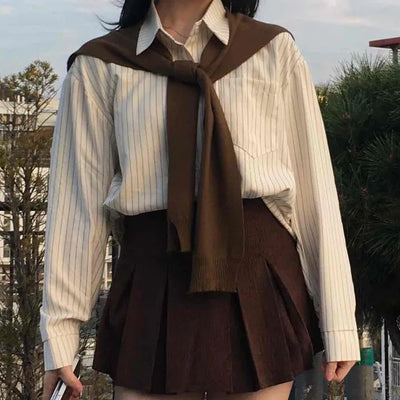 Vintage Corduroy Vest Layered Striped Oversized Shirt