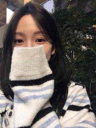 Color Block Striped Collar Fuzzy Knit