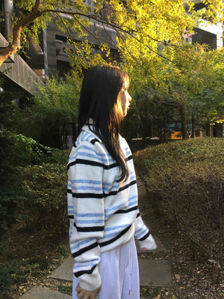 Color Block Striped Collar Fuzzy Knit