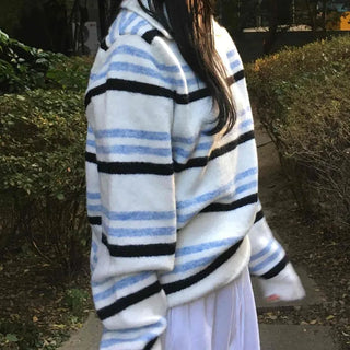 Color Block Striped Collar Fuzzy Knit