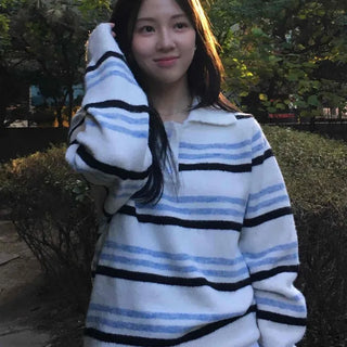 Color Block Striped Collar Fuzzy Knit
