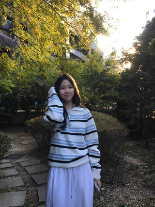 Color Block Striped Collar Fuzzy Knit