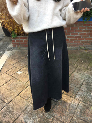 Dark Wash Long String Denim Long Skirt