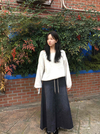Dark Wash Long String Denim Long Skirt